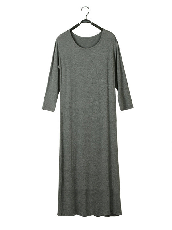 vmtvr - Simple Modal Solid Color Round-Neck Long Sleeves Midi Dress