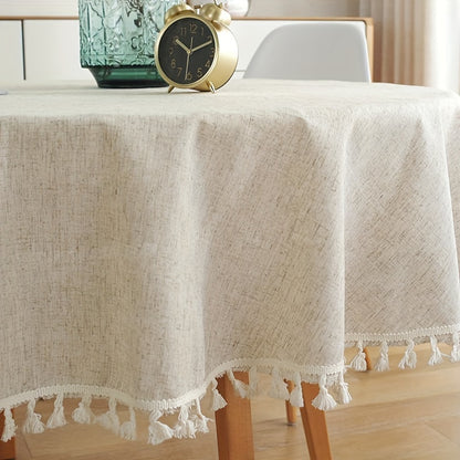 "Timeless Design" Modern Minimalist Beige Bamboo-Hemp Round Tablecloth With Tassels - Polyester, Perfect For Kitchen & Dining