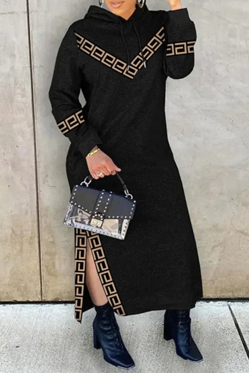 vmtvr - Black Casual Print Patchwork Slit Hooded Collar Long Sleeve Dresses