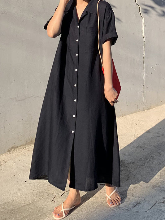 vmtvr - Vintage Solid Color Short Sleeve Loose Casual Midi Dress