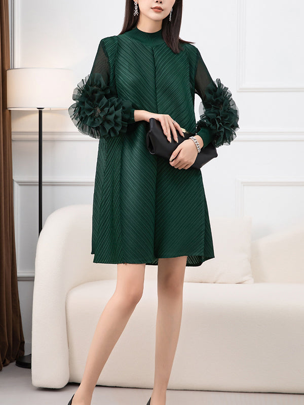 vmtvr - Long Sleeves Loose Embroidered Pleated Solid Color Round-Neck Midi Dresses