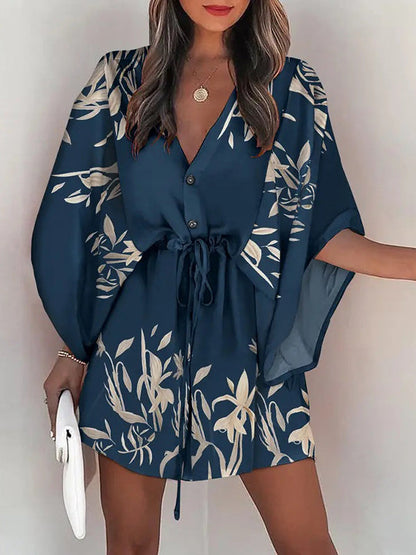 vmtvr - Original Loose Floral Printed Contrast Color Tied Buttoned Mini Shirt Dress