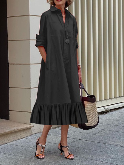 A-Line Long Sleeves Pleated Solid Color Lapel Collar Midi Dresses