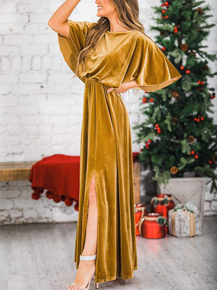 vmtvr - Fashion Velvet Round Neck High Slit Maxi Dresses