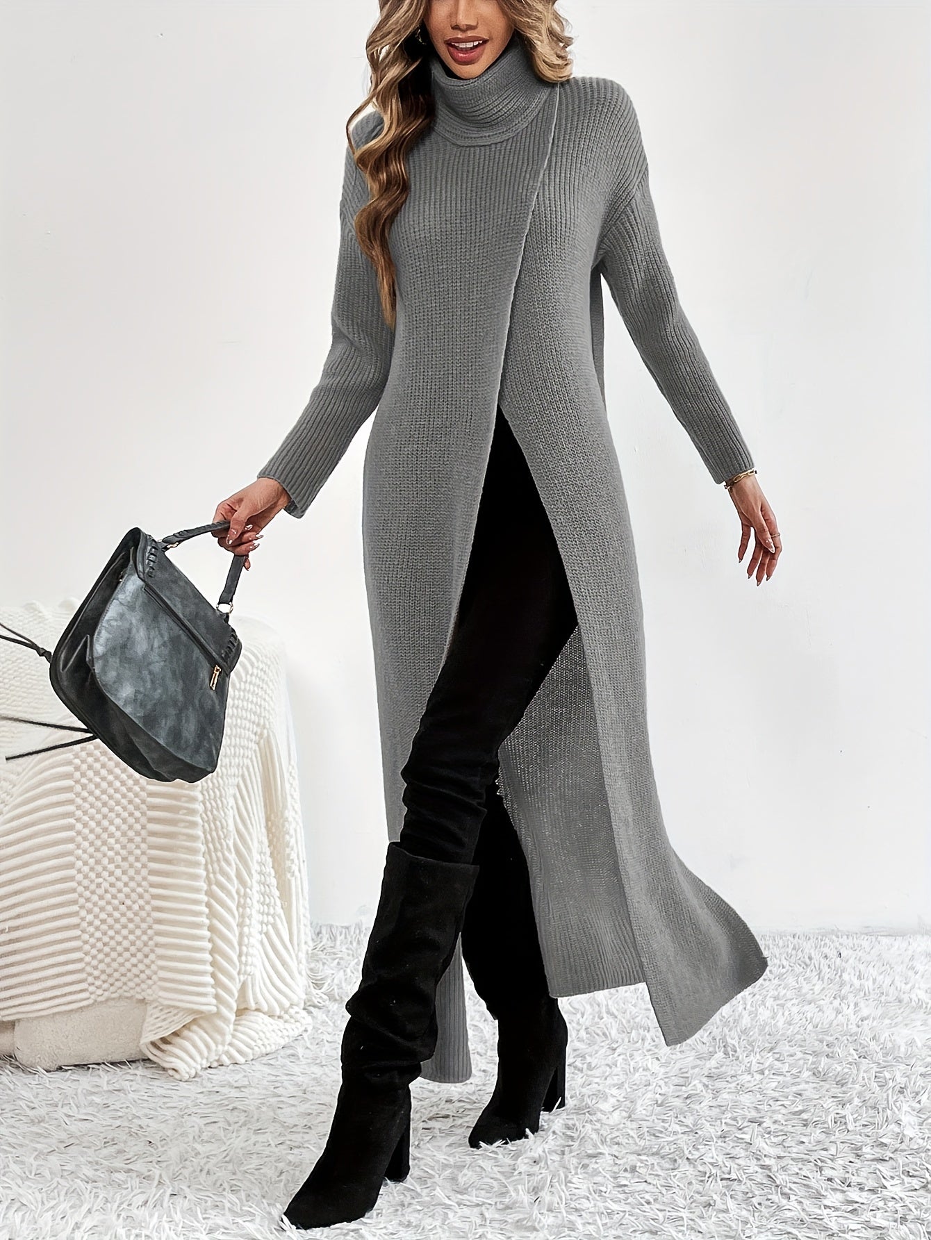 Solid High Neck Split Dress, Elegant Long Sleeve Maxi Dress, Women's Clothing