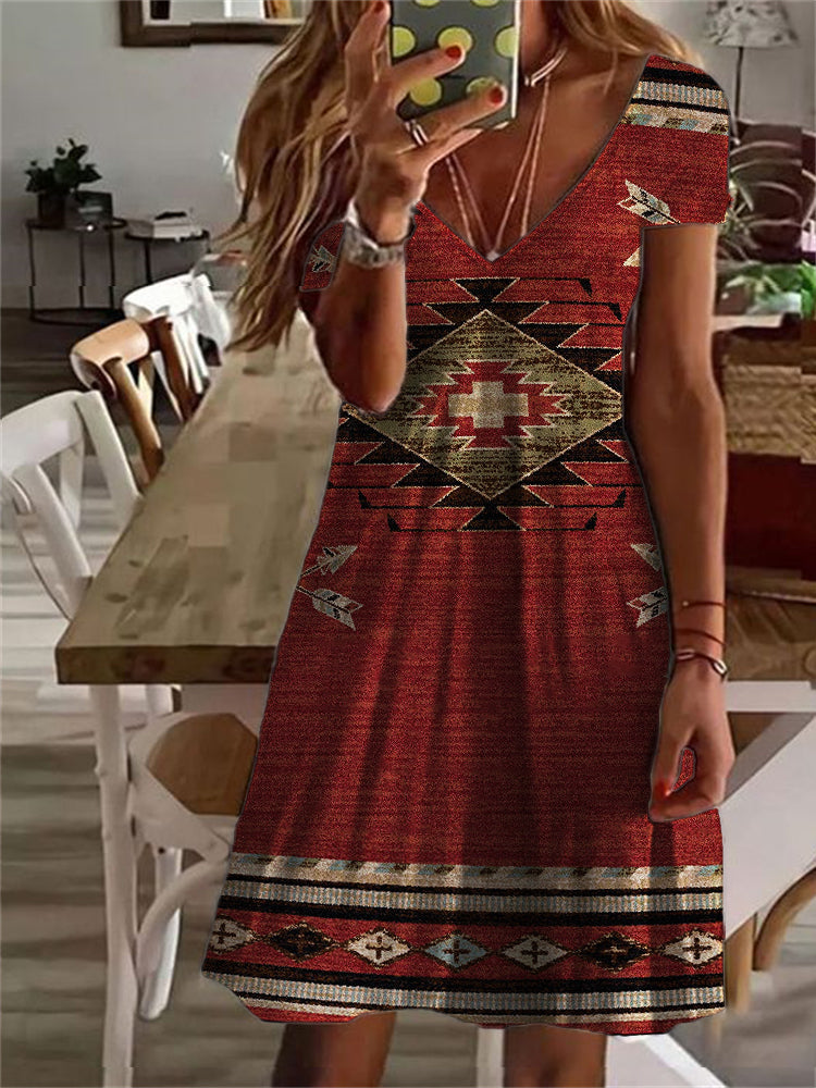 vmtvr - Western Ethnic Aztec V Neck Midi Dress