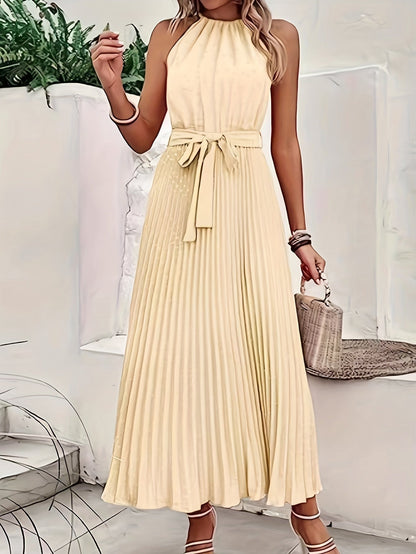 Solid Pleated Dress, Elegant Sleeveless Knotted Maxi Dress, Women's Clothing