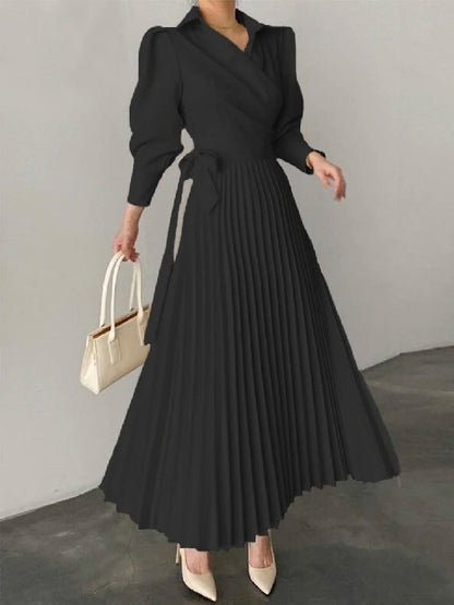 Office Pleated Asymmetric Solid Color Lapel Maxi Dresses