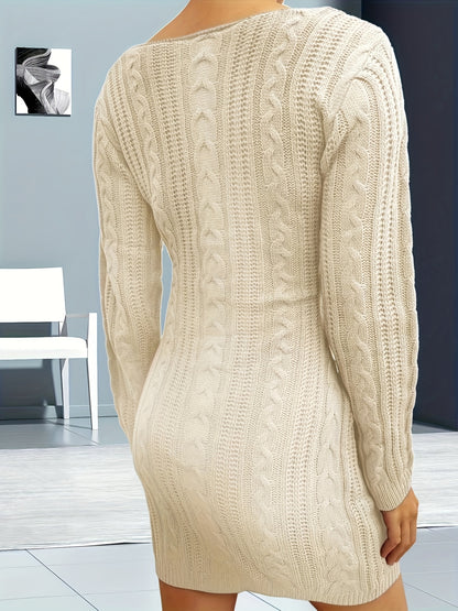 Knitted Surplice Neck Knitted Dress, Casual Long Sleeve Sweater Dress For Spring & Fall, Women's Clothing