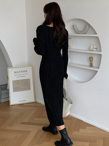 vmtvr - Simple Long Sleeves Black Split-Joint Elasticity Waist Pleated Midi Dress