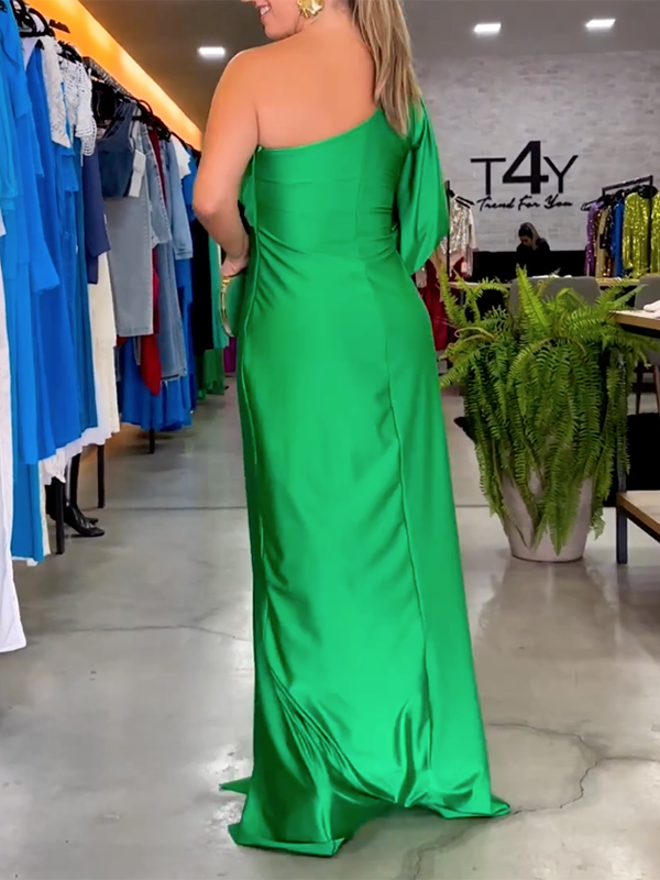 Long Sleeves Asymmetric Satin One-Shoulder Maxi Dresses