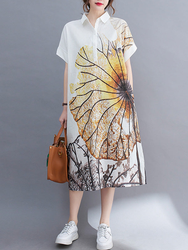 vmtvr - Artistic Retro Floral Printed Buttoned Lapel Collar Short Sleeves Midi Shirt Dress