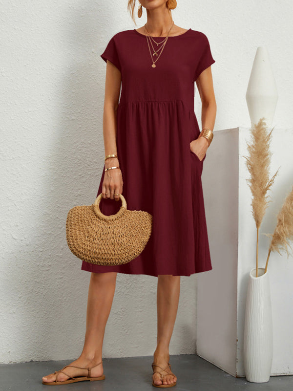 11 Colors Round-Neck Solid Color A-Line Midi Dress