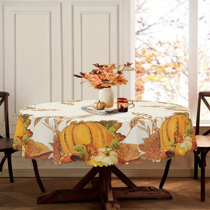 1pc, Round Tablecloth, Autumn Leaf Thanksgiving Pumpkin Table Cloth, Fall Tablecover, Waterproof Stain Wrinkle Free, Circle Tablecloth, Indoor And Outdoor Table Cover, For Home Kitchen Dining Party Decoration