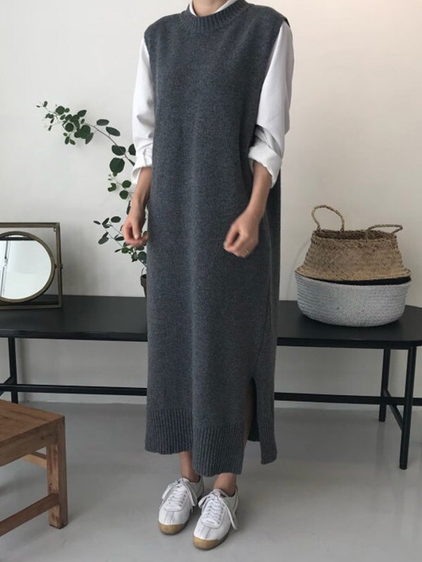 Urban Loose Sleeveless Solid Color Round-Neck Midi Dresses Sweater Dresses