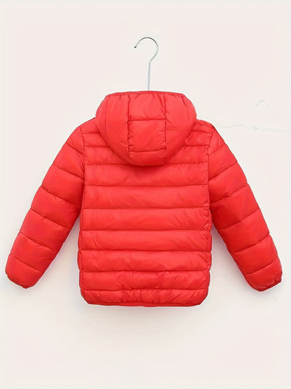 Kid's Solid Color Hooded Down Jacket, Light-weight Warm Zip Up Jacket, Boy's Clothes For Winter Outdoor, As Gift