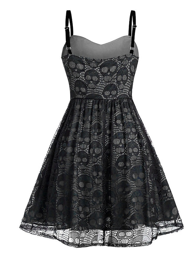 Women‘s Halloween Dress Vintage Retro Vintage Dress Midi Dress Outdoor Lace Drawstring Skull Spaghetti Strap Sleeveless Regular Fit Summer Spring  Black Grey Black and Blue S M L XL