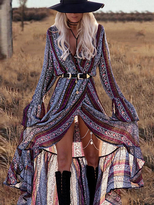 vmtvr - Bohemian Print V Neck Bell Sleeve Maxi Dress