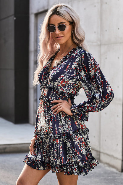 Classy Floral Frill Trim Plunge Flounce Sleeve Mini Dress