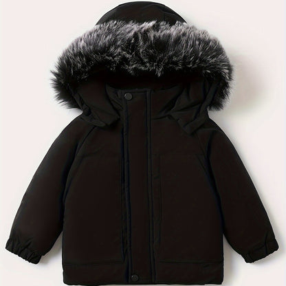 Cozy Boys' Hooded Jacket With Removable Fleece Collar - Casual & Warm Autumn And Winter Coat For Young Ones