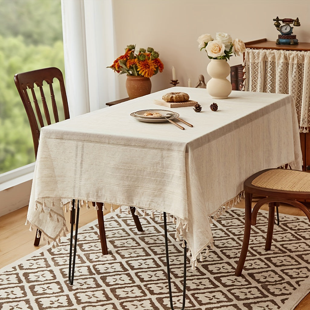 1pc Handcrafted Thick Linen Striped Tablecloth - Square, Polyester Blend for Kitchen & Dining Room Decor