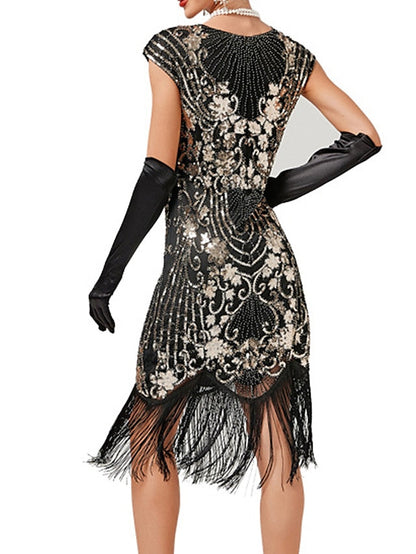 Women‘s Halloween Dress Retro 1920s Fringe Dress Midi Dress Party Sequins Tassel Fringe Floral Crew Neck Short Sleeve Slim Summer Spring  Black Gold Red XS S M L