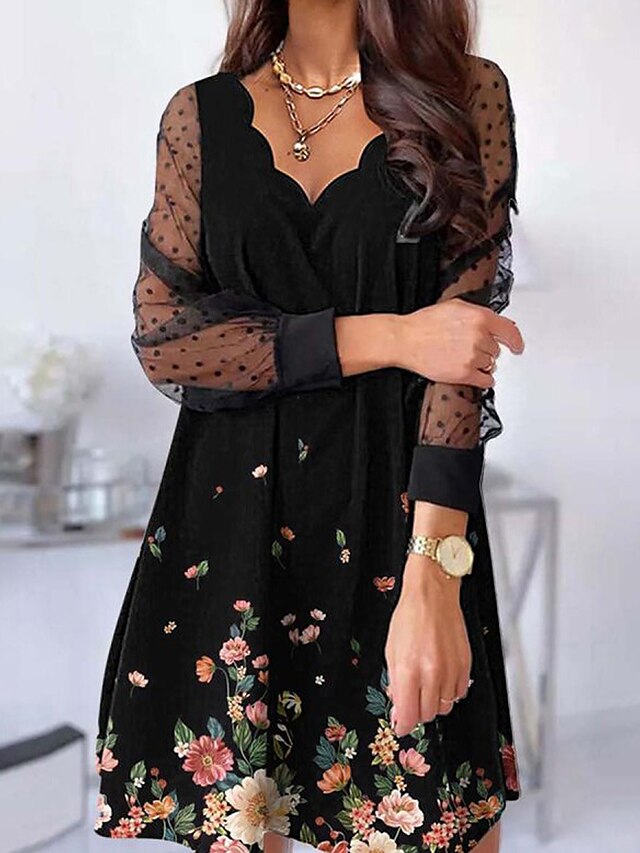 Women's Casual Dress A Line Dress Print Dress Floral Butterfly Mesh Patchwork V Neck Midi Dress Active Fashion Outdoor Street Long Sleeve Loose Fit Black Yellow Red Fall Winter S M L XL XXL