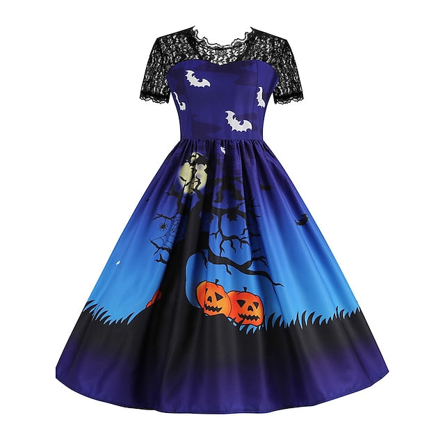 Women‘s Halloween Dress Retro 1950s Vintage Dress Midi Dress Holiday Lace Patchwork Graphic V Neck Short Sleeve Regular Fit Spring Fall  Black Blue S M L XL