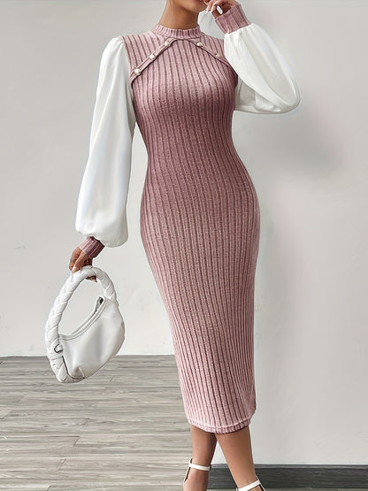 Ribbed Knit Button Decor Sheath Dress, Elegant Mock Neck Lantern Sleeve Midi Length Dress, Women's Clothing