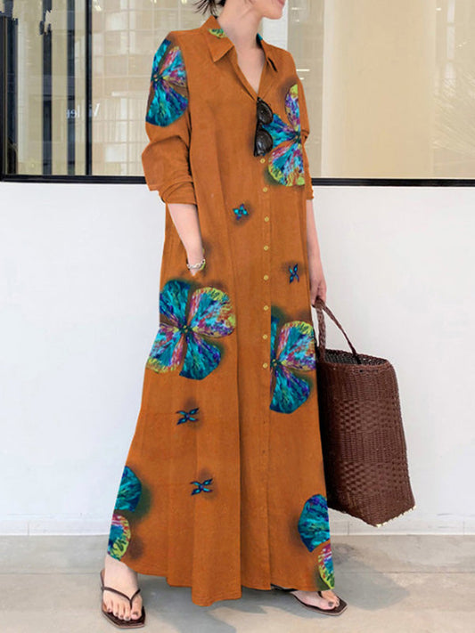 vmtvr - Vintage Floral Printed Lapel Oversize Maxi Dress