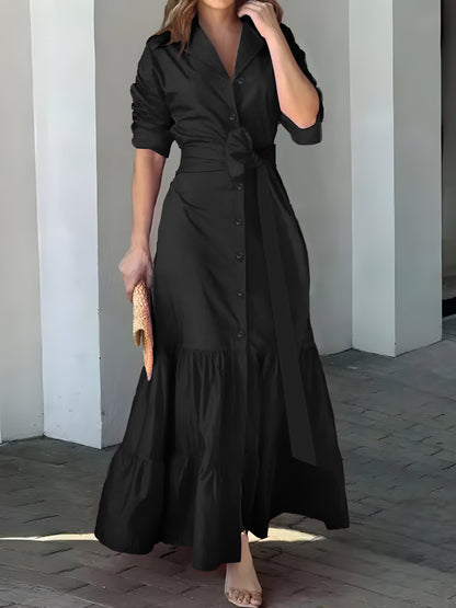 vmtvr - Solid Button Front Belted Dress, Elegant Ruched Sleeve Ruffle Trim Maxi Dress, Women's Clothing