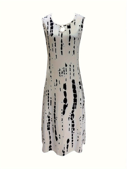 Abstract Print Midi Dress, Elegant Keyhole Sleeveless Dress, Women's Clothing