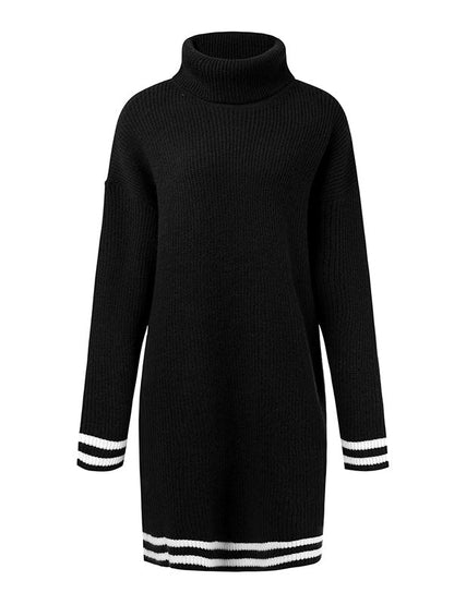 vmtvr - Simple Striped High-Neck Long Sleeves Mini Dress Sweater Dress