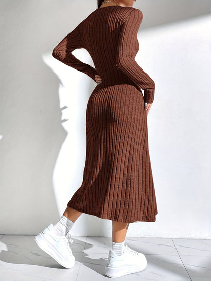 Chic Ribbed Knit Sweater Dress for Women - Casual Square Neck, Long Sleeve with Stretch, Machine Washable - Perfect for Fall/Winter