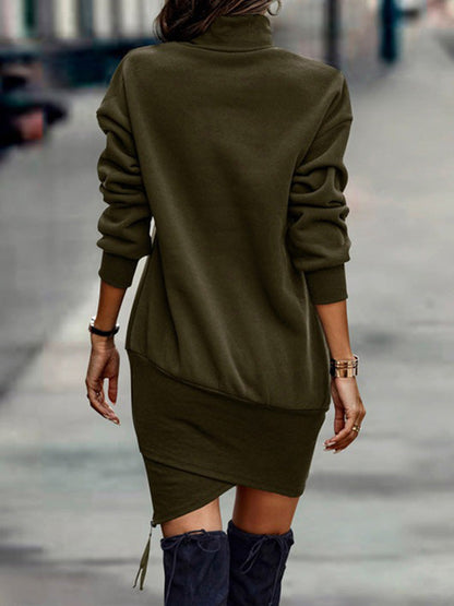 Casual Long Sleeves Solid Color High-Neck Mini Dresses