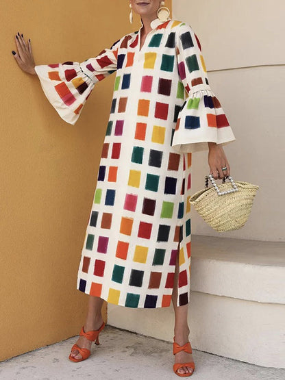 vmtvr - Original Flared Sleeves Split-Joint Multi-Colored Plaid Midi Dress