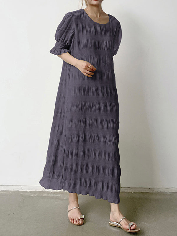 vmtvr - Flared Sleeves Half Sleeves Pleated Solid Color Round-Neck Midi Dresses