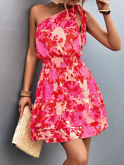 vmtvr - A-Line Sleeveless Elasticity Flower Print Split-Joint Tied Tiered One-Shoulder Mini Dresses