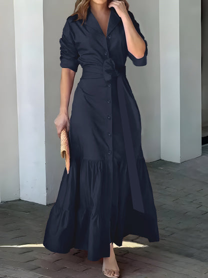 vmtvr - Solid Button Front Belted Dress, Elegant Ruched Sleeve Ruffle Trim Maxi Dress, Women's Clothing