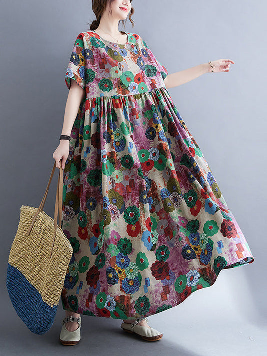 vmtvr - Vintage Loose Multi-Colored Floral Printed Midi Dress