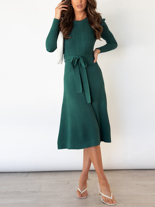 vmtvr - High Waisted Long Sleeves Solid Color Tied Waist Round-Neck Midi Dresses Sweater Dresses