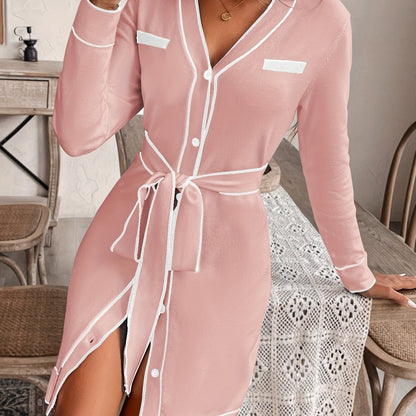 Contrast Trim V Neck Knitted Dress, Elegant Botton Front Belted Long Sleeve Sweater Dress For Fall & Winter, Women's Clothing