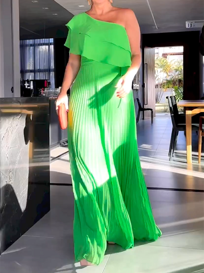 vmtvr - Loose Asymmetric Plain Pleated One-Shoulder Maxi Dresses