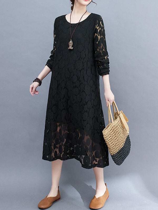 vmtvr - A-Line Long Sleeves Hollow Round-Neck Midi Dresses