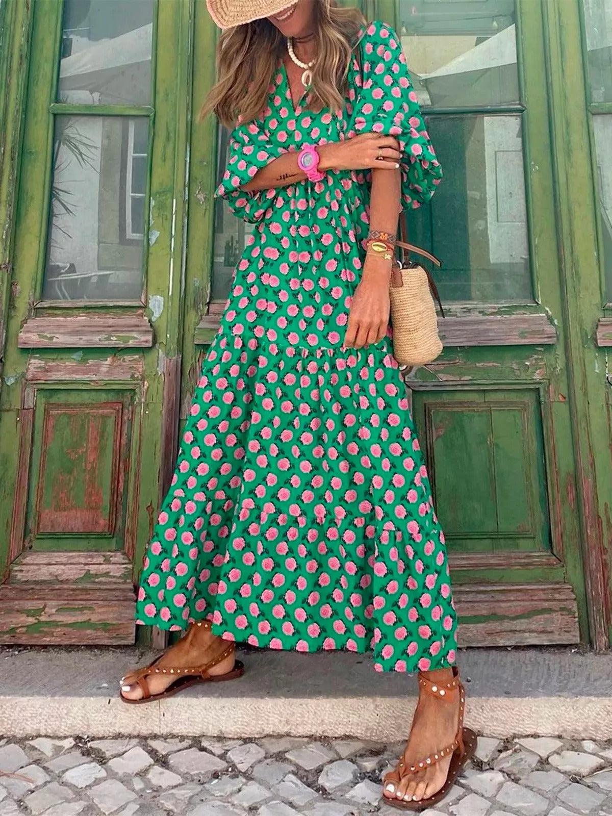 vmtvr - Hot Green Printed Vacation Loose Maxi Dresses