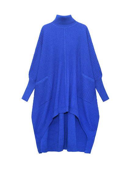 vmtvr - Batwing Sleeves High-Low Pockets Solid Color High-Neck Midi Dresses Sweater Dresses