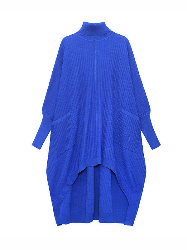 vmtvr - Batwing Sleeves High-Low Pockets Solid Color High-Neck Midi Dresses Sweater Dresses