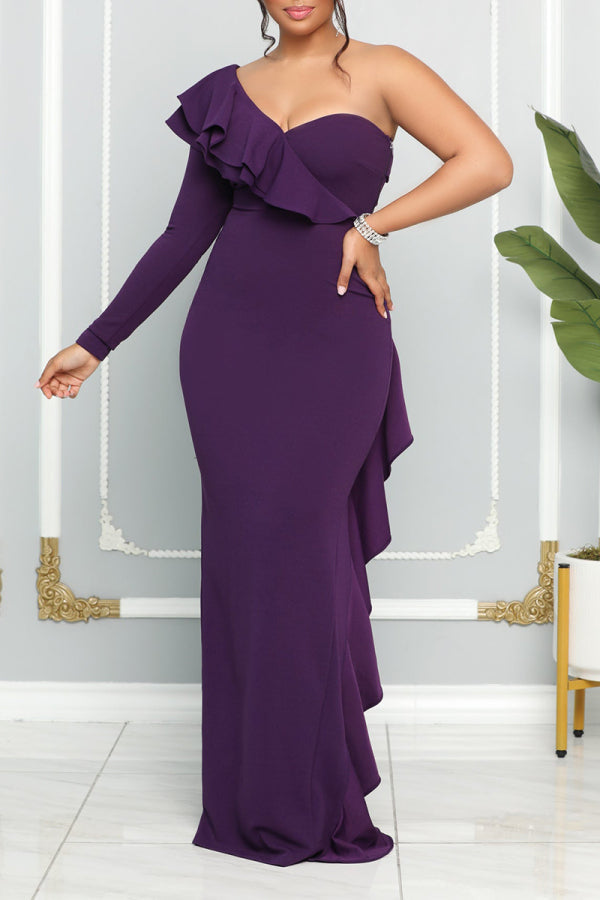 vmtvr - Purple Elegant Formal Plain Patchwork Flounce One Shoulder Evening Dress Dresses