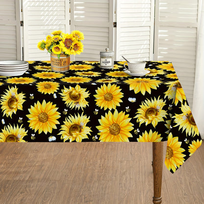 1pc Vibrant Summer Sunflower Tablecloth - Durable Polyester, Stain and Wrinkle Free, Perfect for Party, Home, Kitchen, Dining, and Picnic Decorations - Vibrant Yellow and Black, Sunflower and Bumble Bee Design, Easy-to-Clean, Long-Lasting, and Essential H