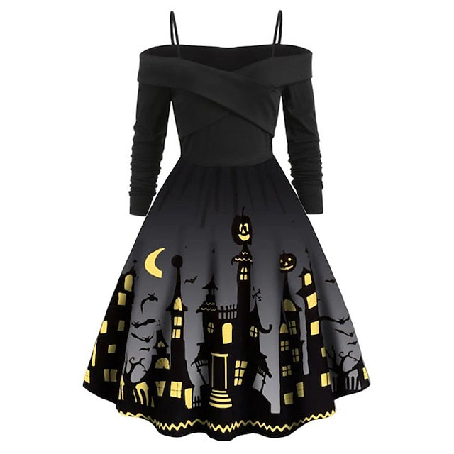 Women‘s Halloween Dress Retro 1950s Vintage Dress Midi Dress Party Ruched Ruffle Pumpkin Spaghetti Strap Long Sleeve Regular Fit Fall Winter  Black Red S M L XL